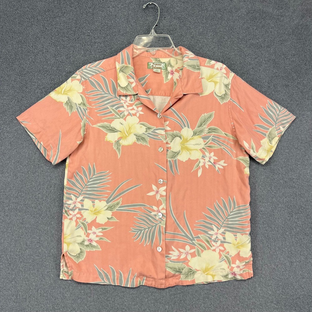 Tommy Bahama Silk Floral Shirt Womens Medium Pink Hibiscus Tropical Camp Aloha